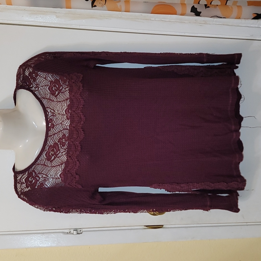 Knox Rose waffle knit top long sleeve crotchet maroon soft comfy